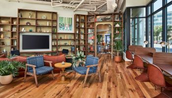 A stylish coworking lounge with wooden shelves, a large TV, comfy blue chairs, round coffee tables, potted plants, and a bright, airy dining/working area by tall windows.